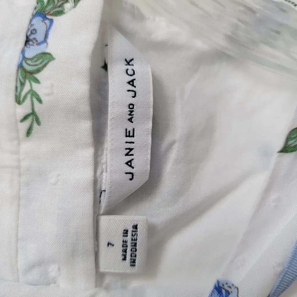 JANIE AND JACK Girls Peplum Top White Navy Floral Puff Sleeves Ruffles Size 7